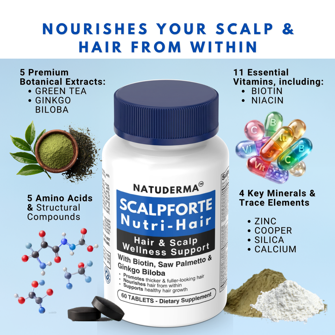 Natuderma Scalfortе Nutri-Hair supplement bottle with botanical extracts and vitamins on a light blue background