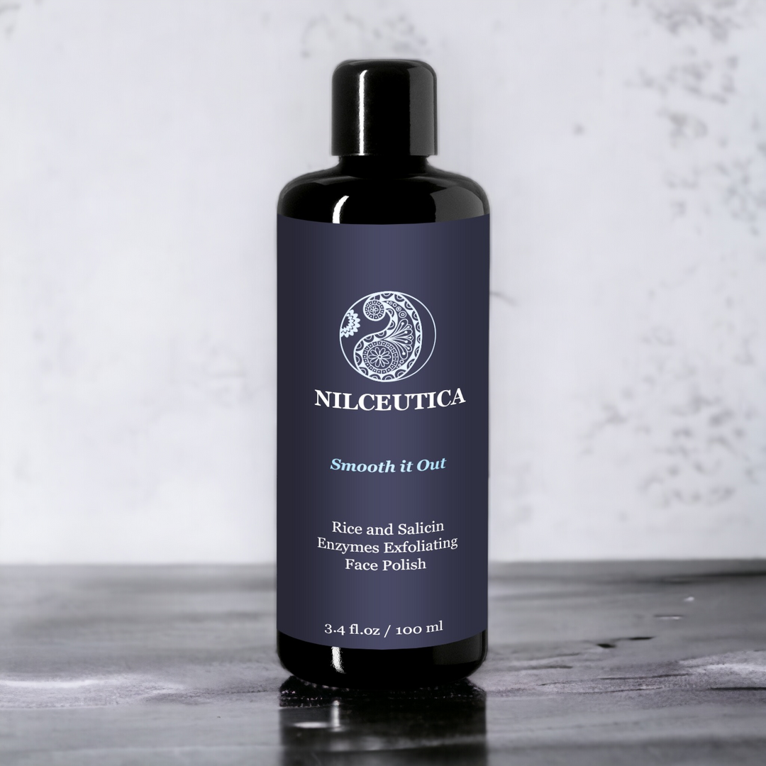 Nilceutica face polish bottle on a wooden surface with a light gray background