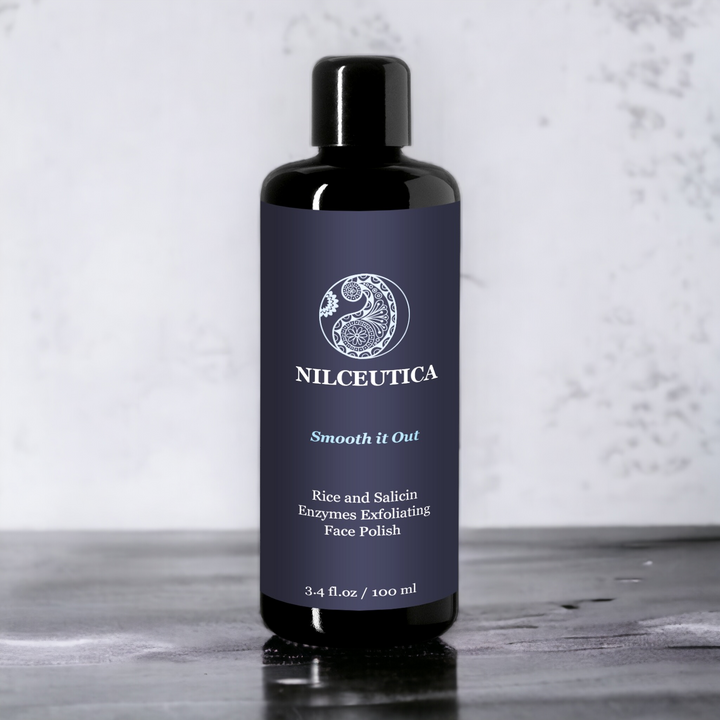 Nilceutica face polish bottle on a wooden surface with a light gray background
