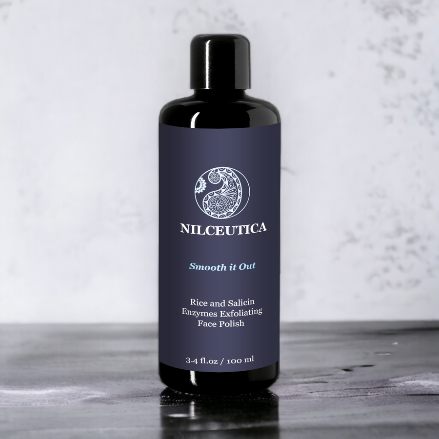 Nilceutica face polish bottle on a wooden surface with a light gray background
