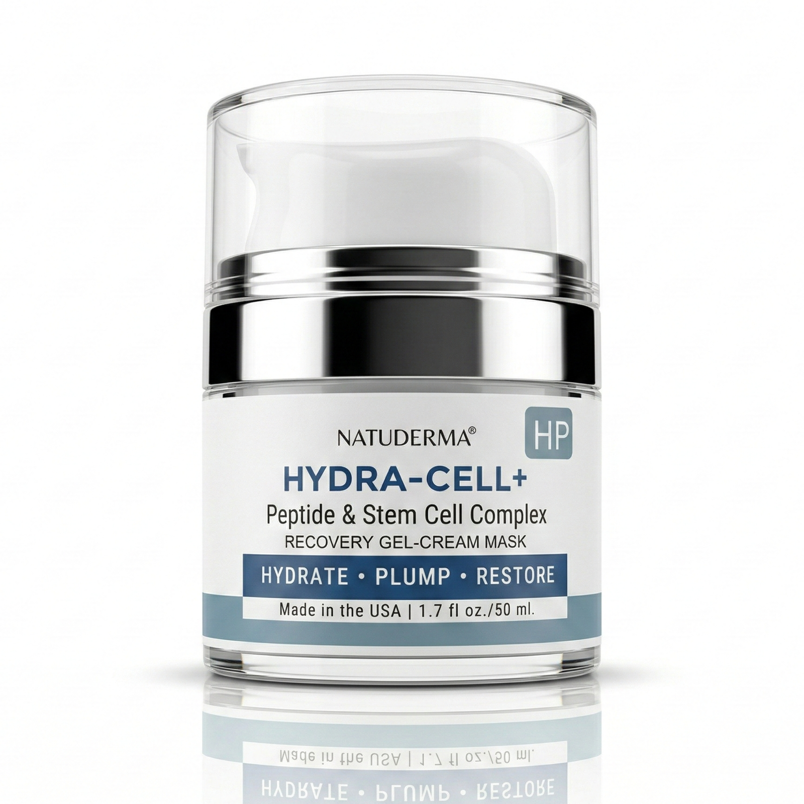 Natuderma Hydra-cell  recovery gel  cream with Peptide and stem cell jar on white background  