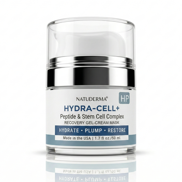 Natuderma Hydra-cell  recovery gel  cream with Peptide and stem cell jar on white background  