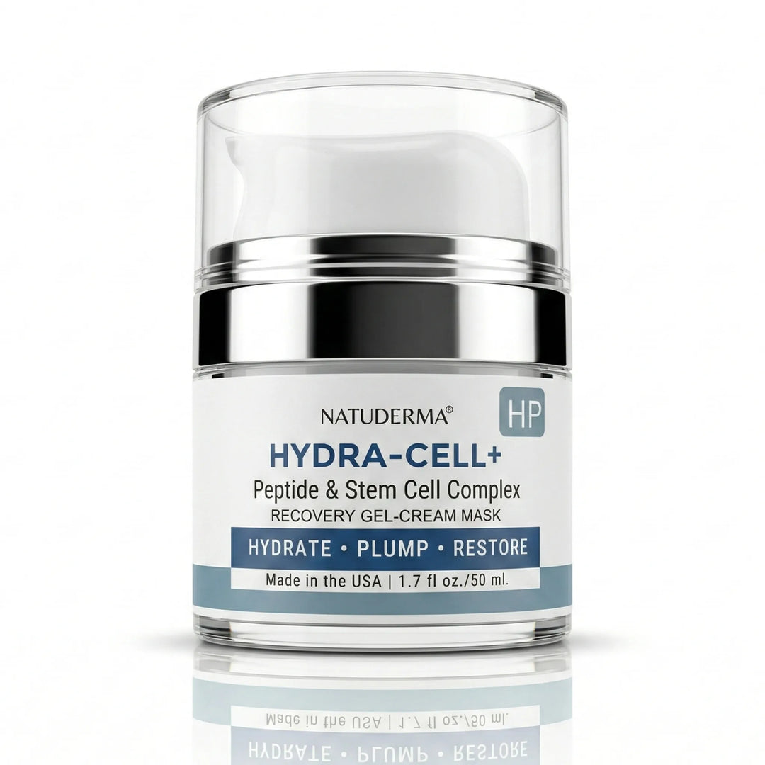 Natuderma Hydra-cell  recovery gel  cream with Peptide and stem cell jar on white background  