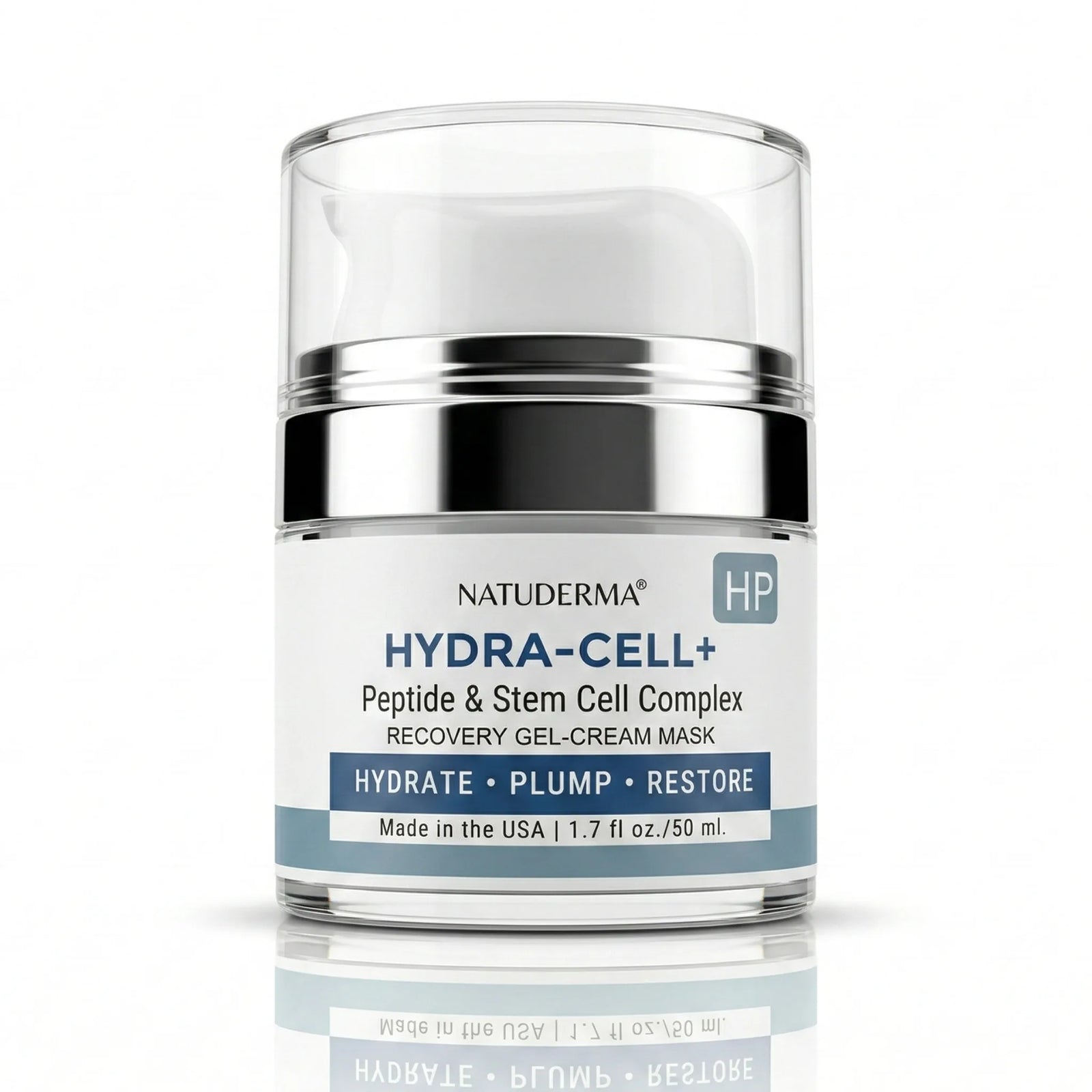 Natuderma Hydra-cell  recovery gel  cream with Peptide and stem cell jar on white background  