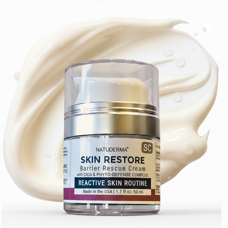 Natuderma Skin Restore Barrier Rescue Cream jar with cream swatch on a white background