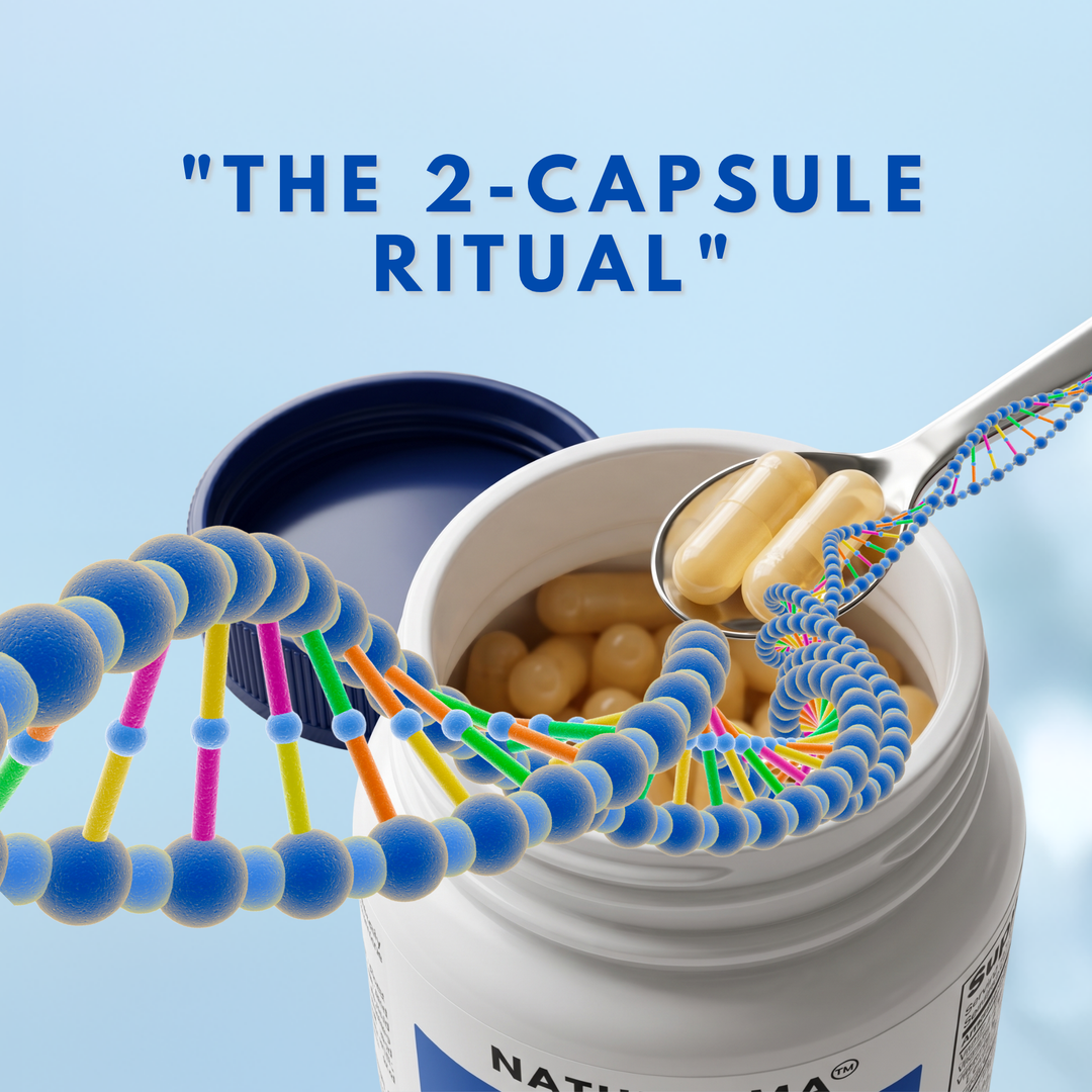 Vitamins in a container with a spoon and DNA strands on a blue background, labeled &