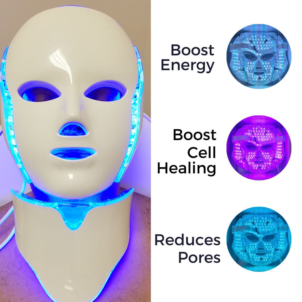 Led mask, best led therapy mask, shown light white, purple and light blue led face mask,  this led mask cover the face and the neck , Faceluz professional led therapy mask.