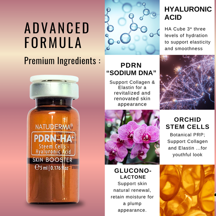 Natuderma PDRN-HA Skin Booster vial with ingredients listed as: Hyaluronic Acid, PDRN - Salmon sperm DNA, and Orchid Stem Cells 