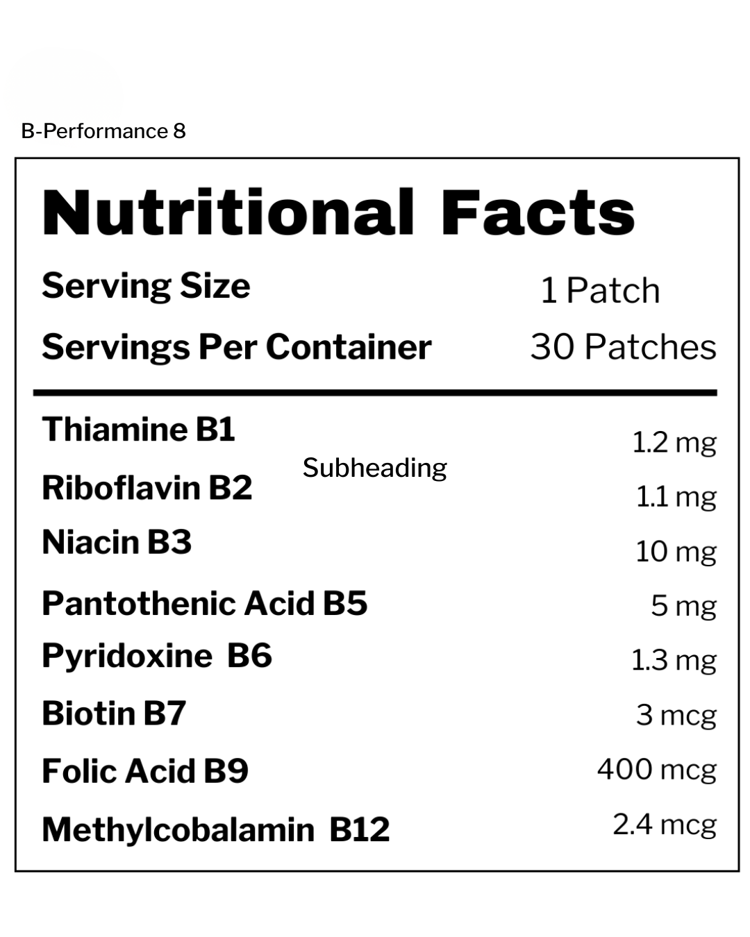 Nutritional facts label for a product with various B vitamins listed.