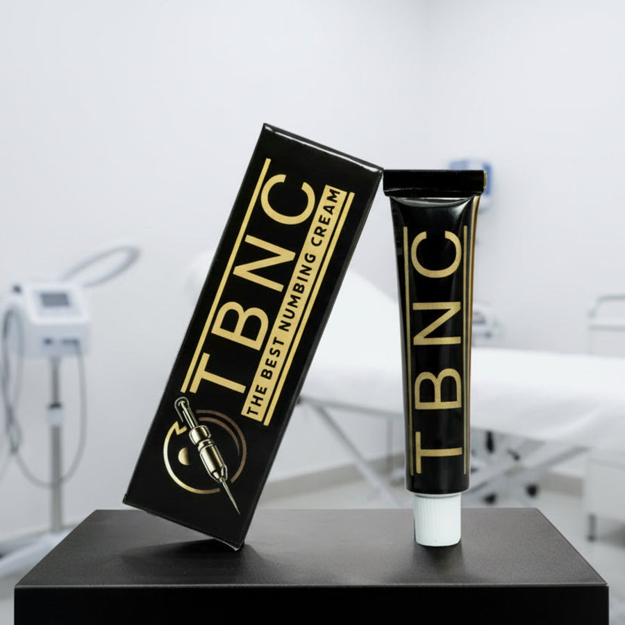 TBNC numbing cream packaging on a esthetic or beauty salon with white colors
