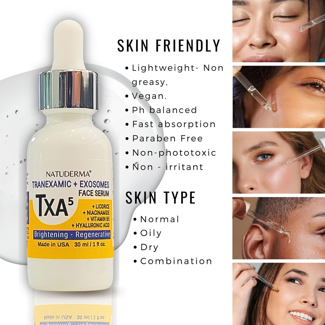 Natuderma TXA5 tranexamic and niacinamide face serum bottle with usage instructions and benefits on a white background