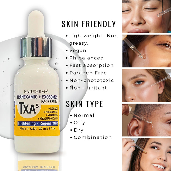 Natuderma TXA5 tranexamic and niacinamide face serum bottle with usage instructions and benefits on a white background