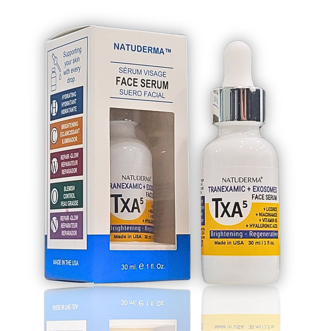 Natuderma TXA5 Tranexamic and Exosomes face serum with packaging on a white background