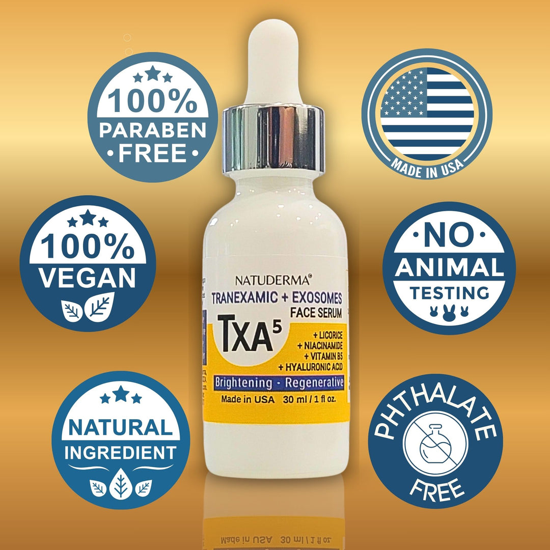 Natuderma TXA5 Tranexamic and Exosomes face serum bottle with certification badges on a gold background