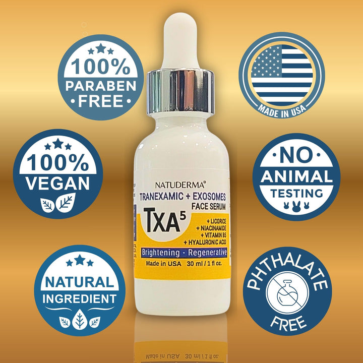 Natuderma TXA5 Tranexamic and Exosomes face serum bottle with certification badges on a gold background