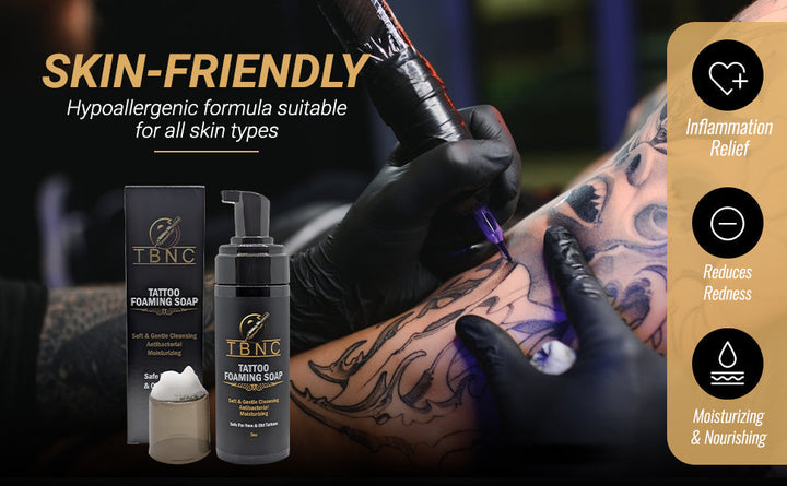 Tattoo and PMU foaming soap a bottle and a Men having tattoo. 