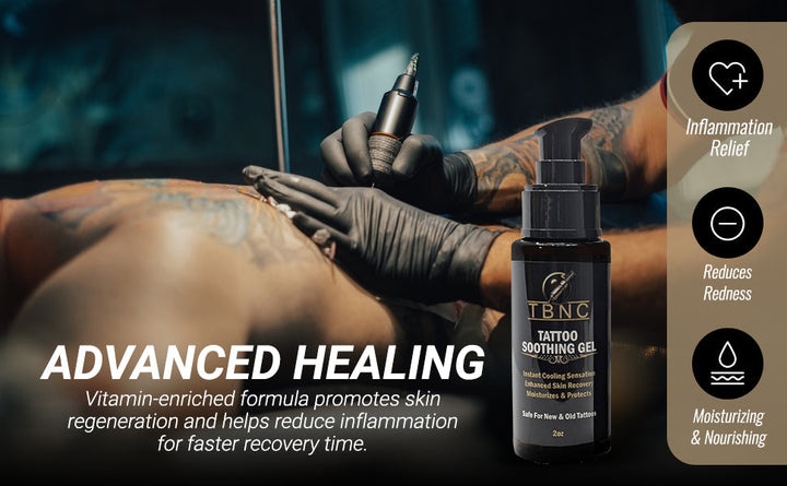 Tattoos soothing gel and men doing a back tattoo 