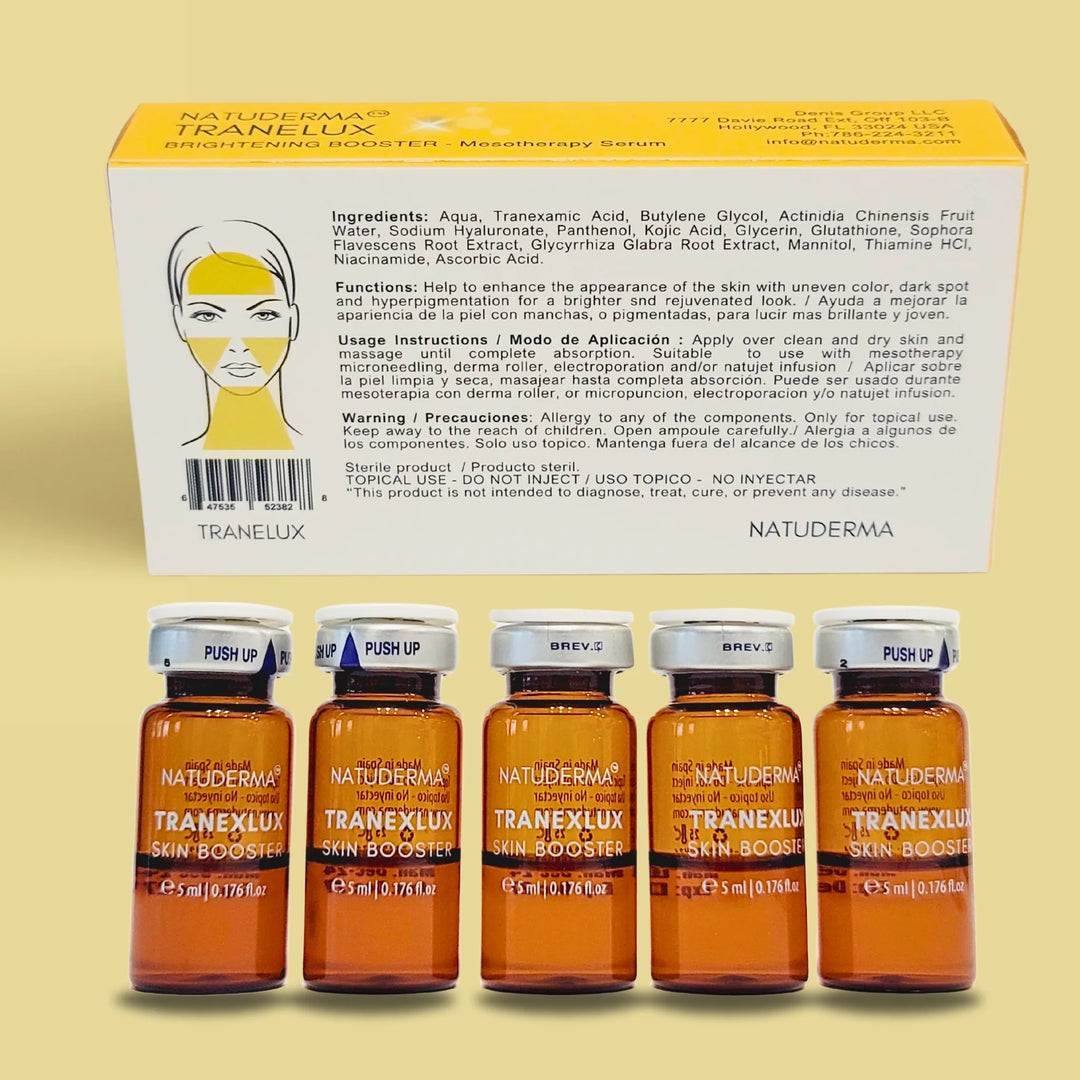 Tranelux microneedling serum cocktail with tranexamic acid, gluthatione, vitamin C and hyaluronic acid, 5 topical vials by Natuderma, for dark spot or uneven skin color