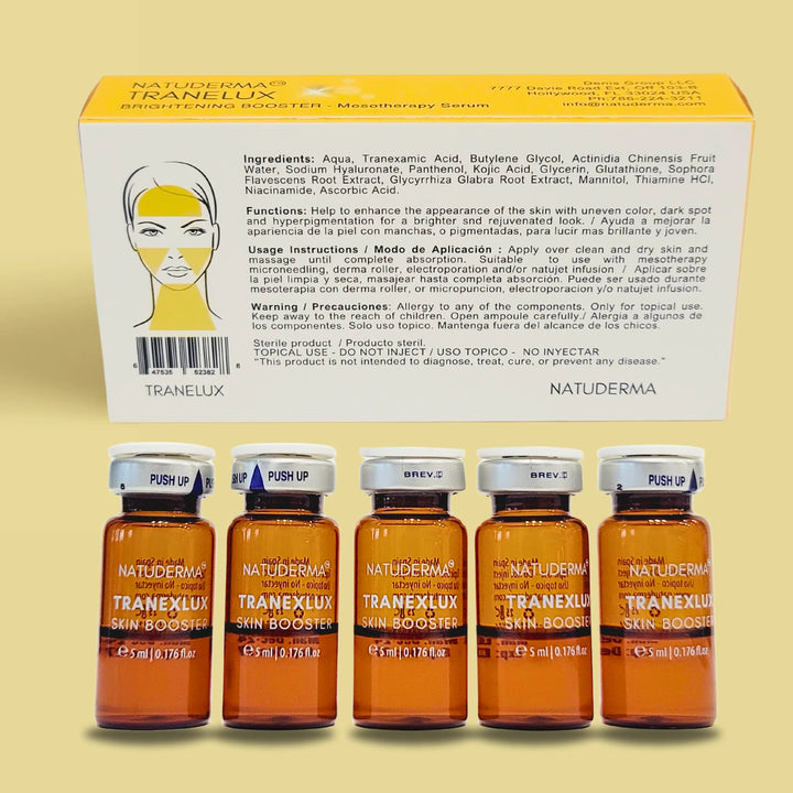 Tranelux microneedling serum cocktail with tranexamic acid, gluthatione, vitamin C and hyaluronic acid, 5 topical vials by Natuderma, for dark spot or uneven skin color