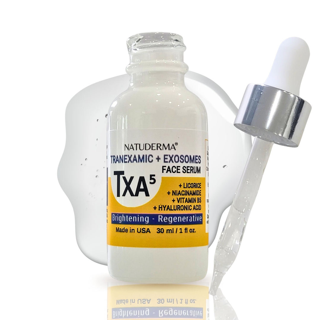 Natuderma TXA5 Tranexamic and Exosomes face serum bottle with dropper on a white background