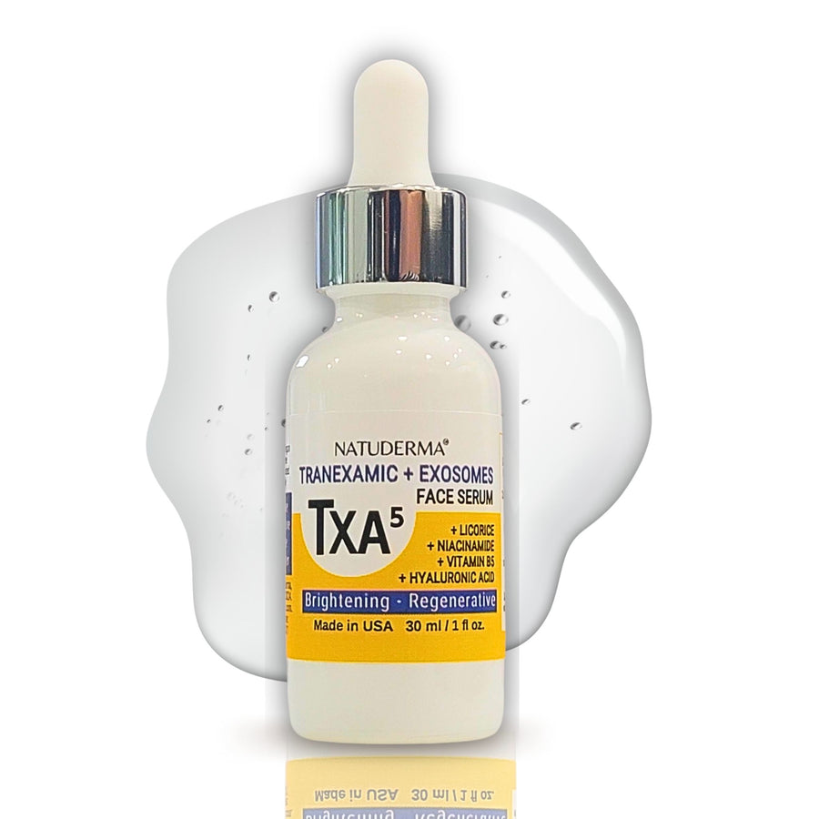 Natuderma TXA5 Tranexamic and exosomes face serum bottle with dropper on a white background