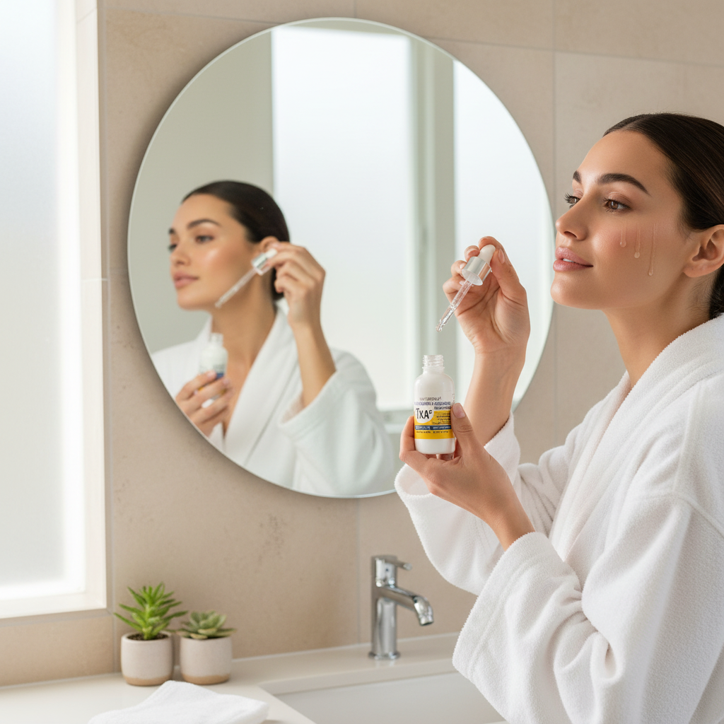 A bottle of NATUDERMA TXA5 Tranexamic + Exosomes Face Serum with a white dropper cap and yellow label, set against a white background with a translucent liquid splash graphic.