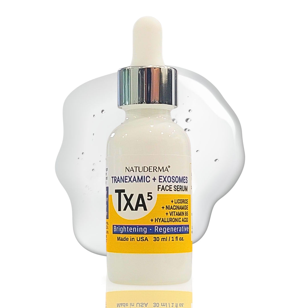 Natuderma TXA5 Tranexamic and Exosomes face serum bottle on a white background