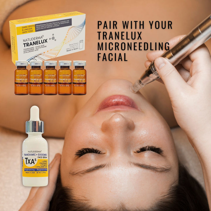 Cosmetic treatment with microneedling tool and Tranelux Tranexamic and Exosomes face serum on a neutral background