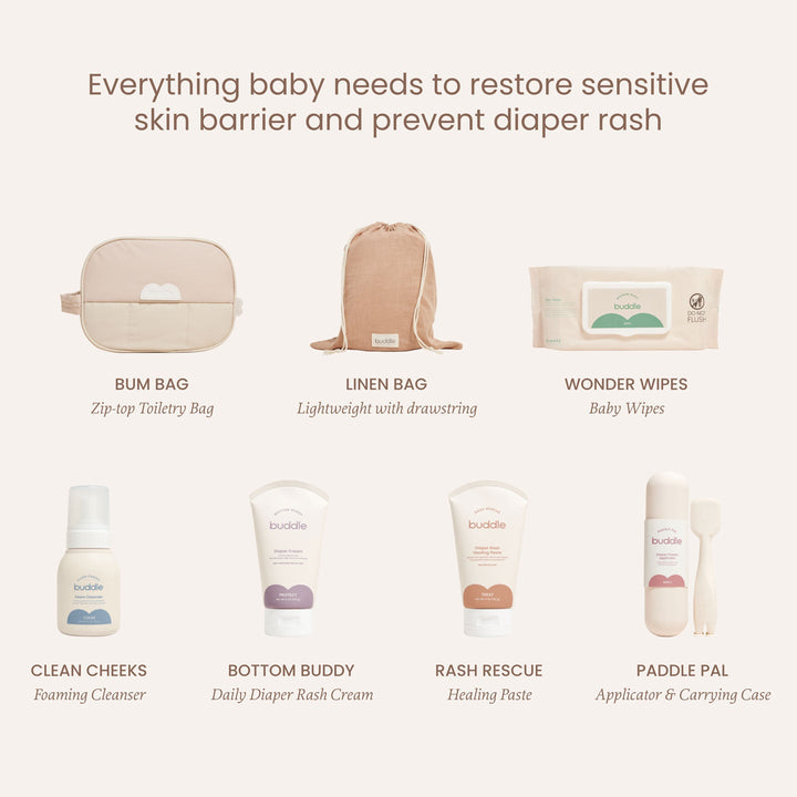 Baby care products including a bum bag, linen bag, wonder wipes, clean cheeks cleanser, bottom buddy cream, rash rescue paste, and paddle pal applicator on a white background.
