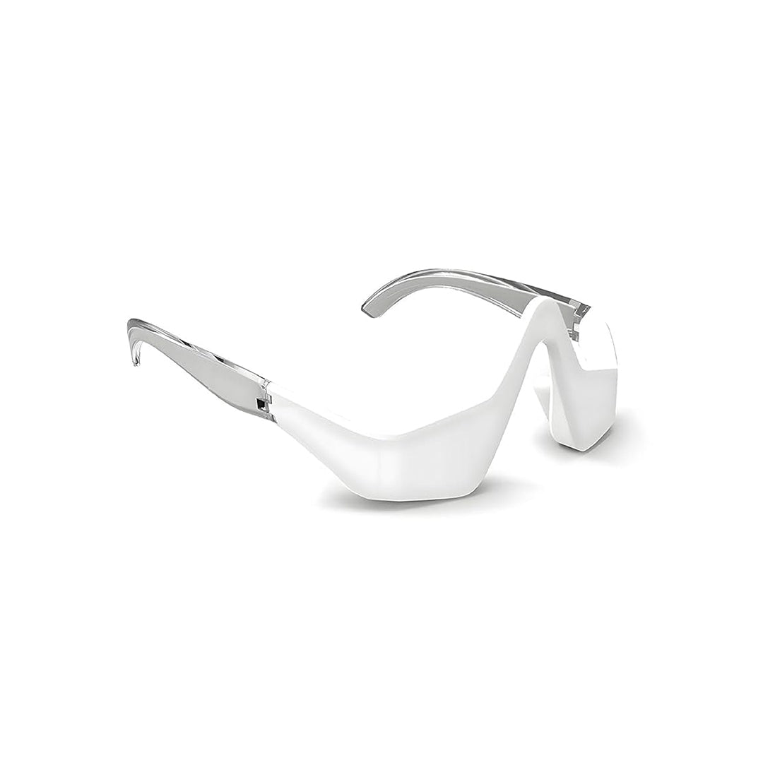 Puffiness under the eyes massager handheld eyewear with silver frame on a white background