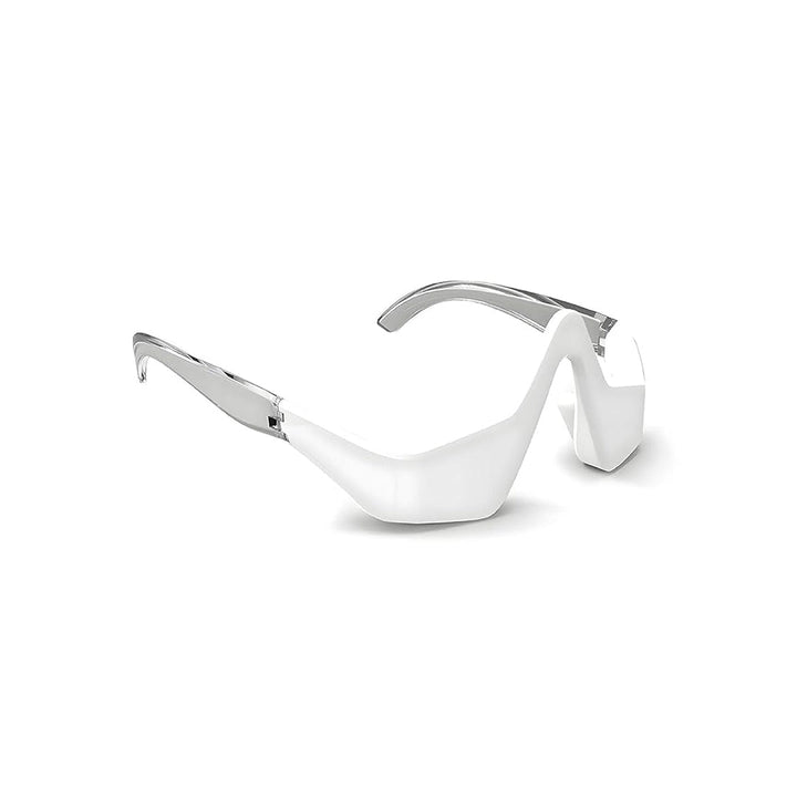 Puffiness under the eyes massager handheld eyewear with silver frame on a white background