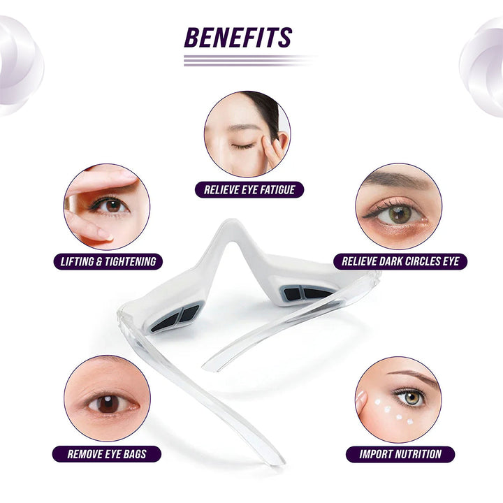 Eye device with benefits listed on a white background