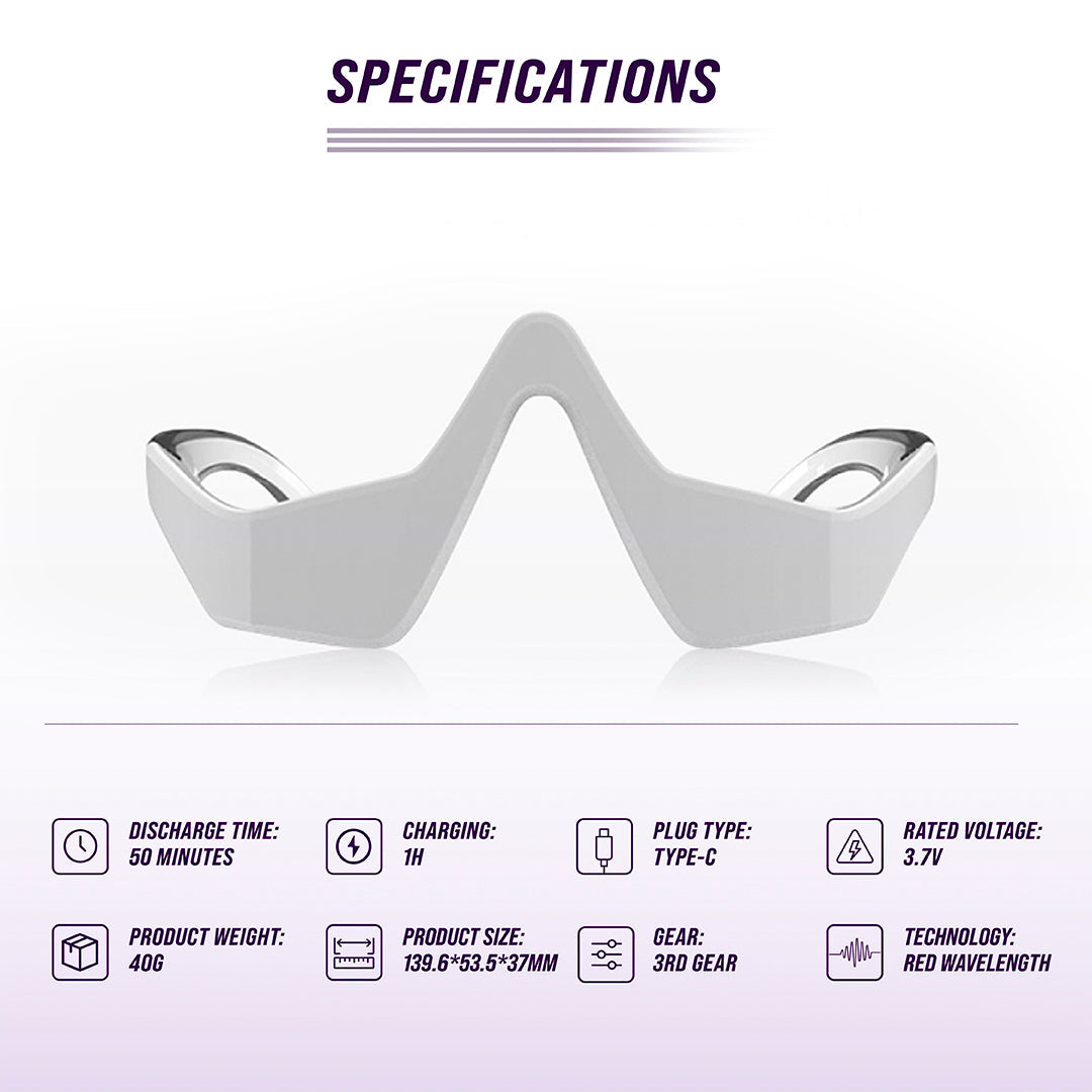 White electronic eyewear massager device with specifications listed on a white background