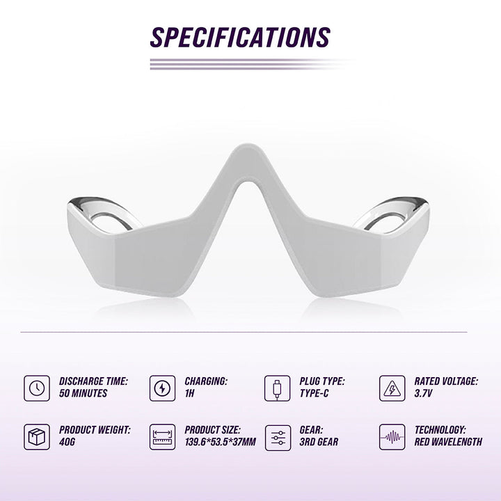 White electronic eyewear massager device with specifications listed on a white background