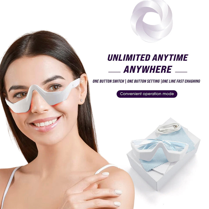 Woman wearing eye masks with product packaging and text on a white background