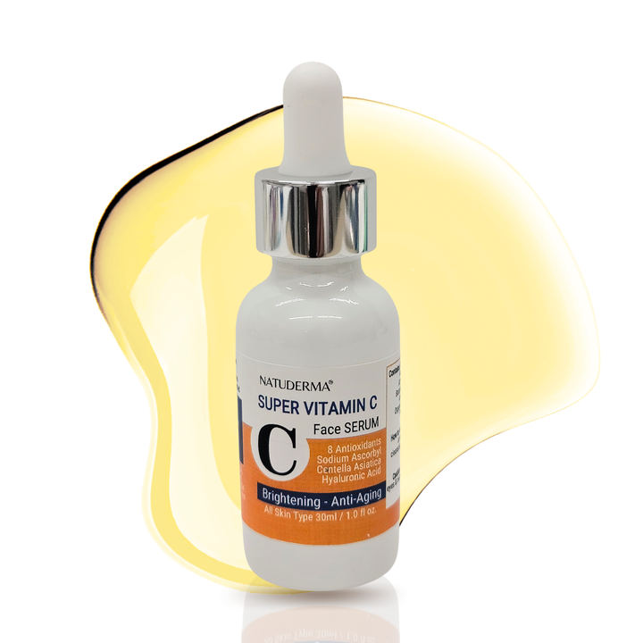 Natuderma Super Vitamin C serum, anti aging, brightening , 1 oz bottle with dropper on yellow drop background