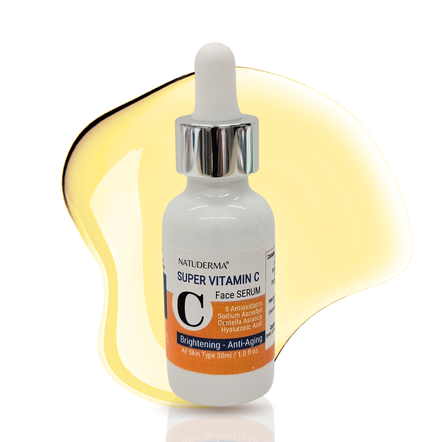 Natuderma Super Vitamin C serum, anti aging, brightening , 1 oz bottle with dropper on yellow drop background