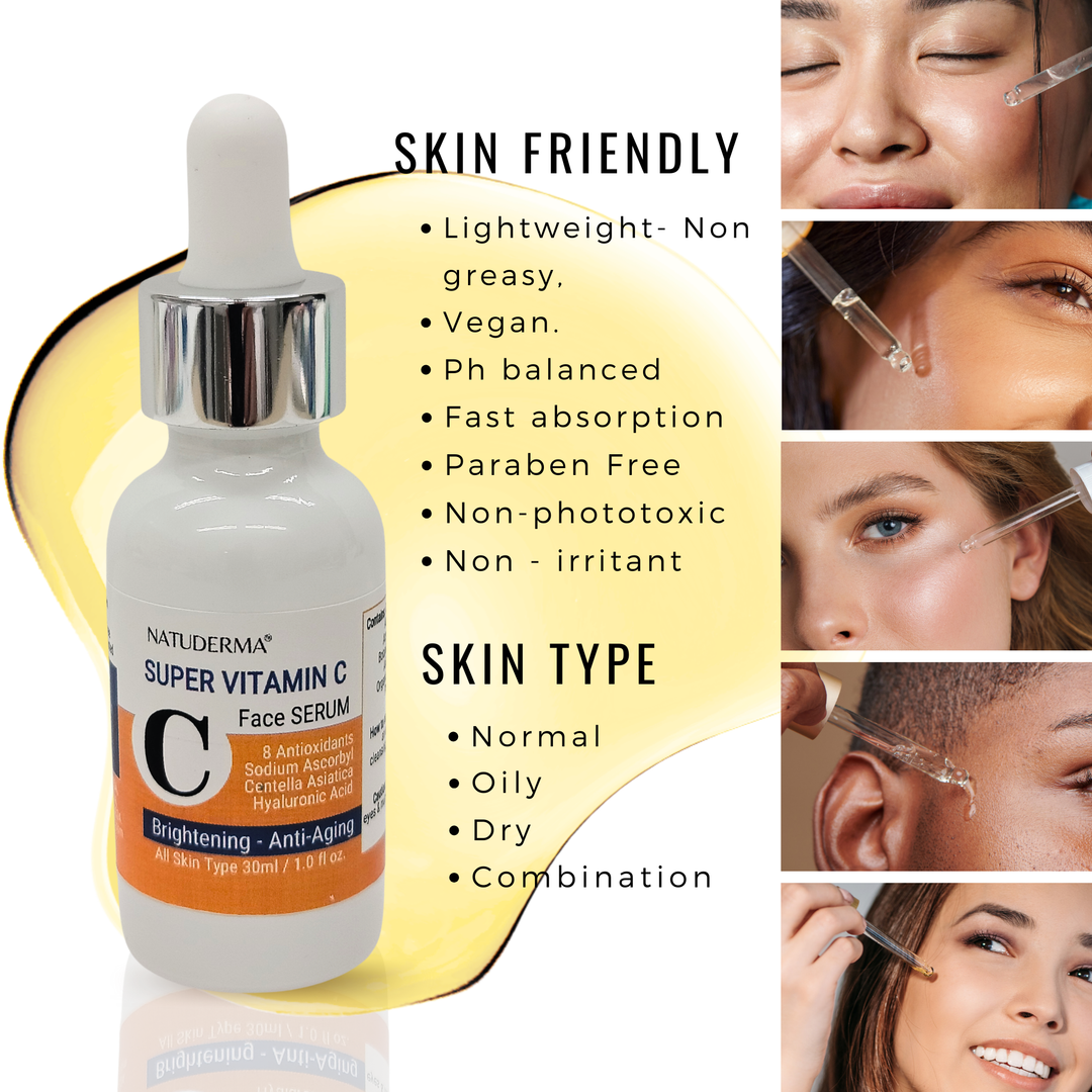 Natuderma Super vitamin C, face serum, bottle and various images applying the serum, it said skin friendly and skin types.