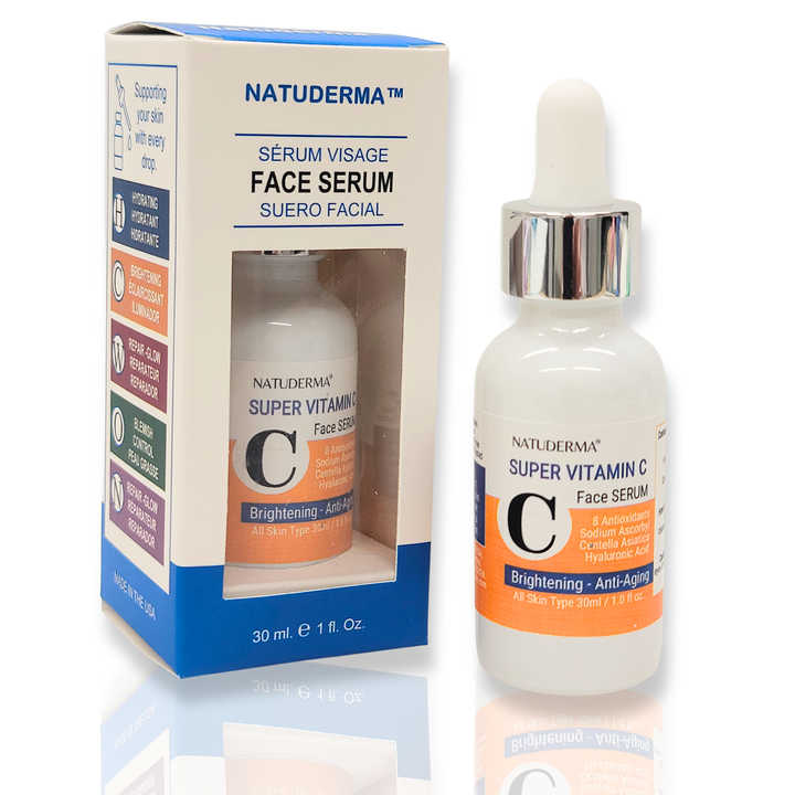 A white bottle of vitamin C serum with it box , of 30 ml it says Brightening, anti aging serum