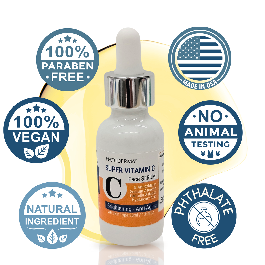 Natuderma Super vitamin C face serum, white bottle dropper, 100% paraben free, 100% vegan; made in USA.