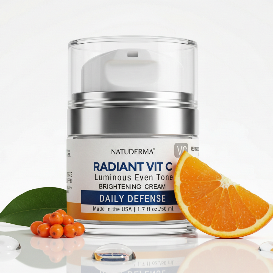 Vitamin C Moisturizer, Brightening Skincare cream jar with orange slice and berries on a white background