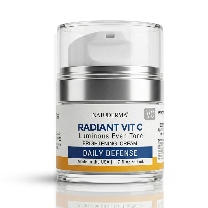 Natuderma Vitamin C Cream, Skincare Moisturizer jar labeled 'Radiant Vit C' on a white background