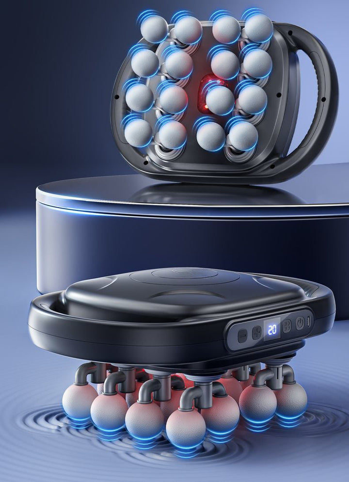 Black handheld device with spherical components on a blue background