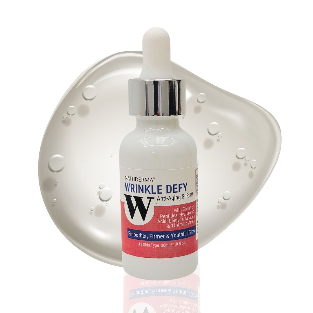 Natuderma Peptide Complex Serum "Wrinkle Defy" , a bottle with pink label with a clear drop background