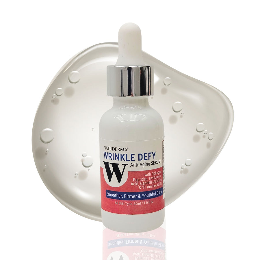 Natuderma Peptide Complex Serum "Wrinkle Defy" , a bottle with pink label with a clear drop background
