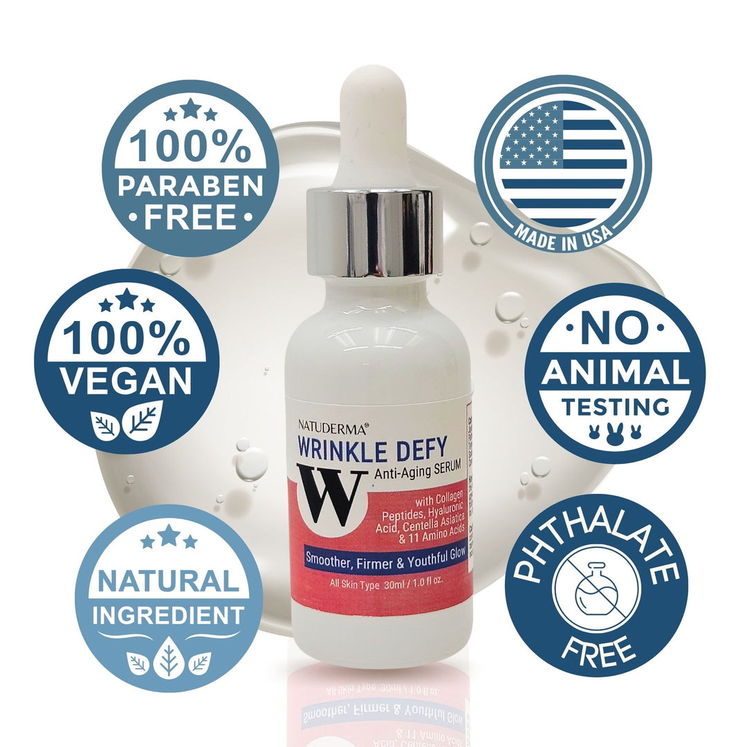 Natuderma Skincare serum bottle with certification badges on a white background