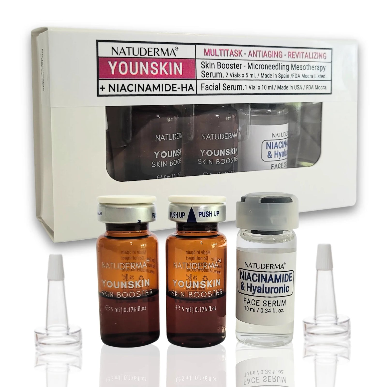 Natuderma Younskin BTX skin care product set with bottles and box on a white background