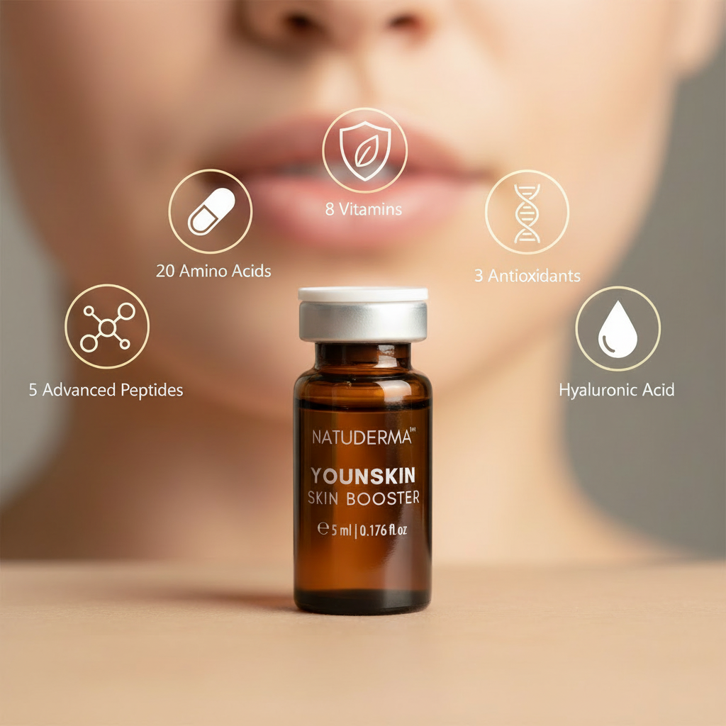A NATUDERMA Peptide after microneeling serumr vial bottle and a woman&