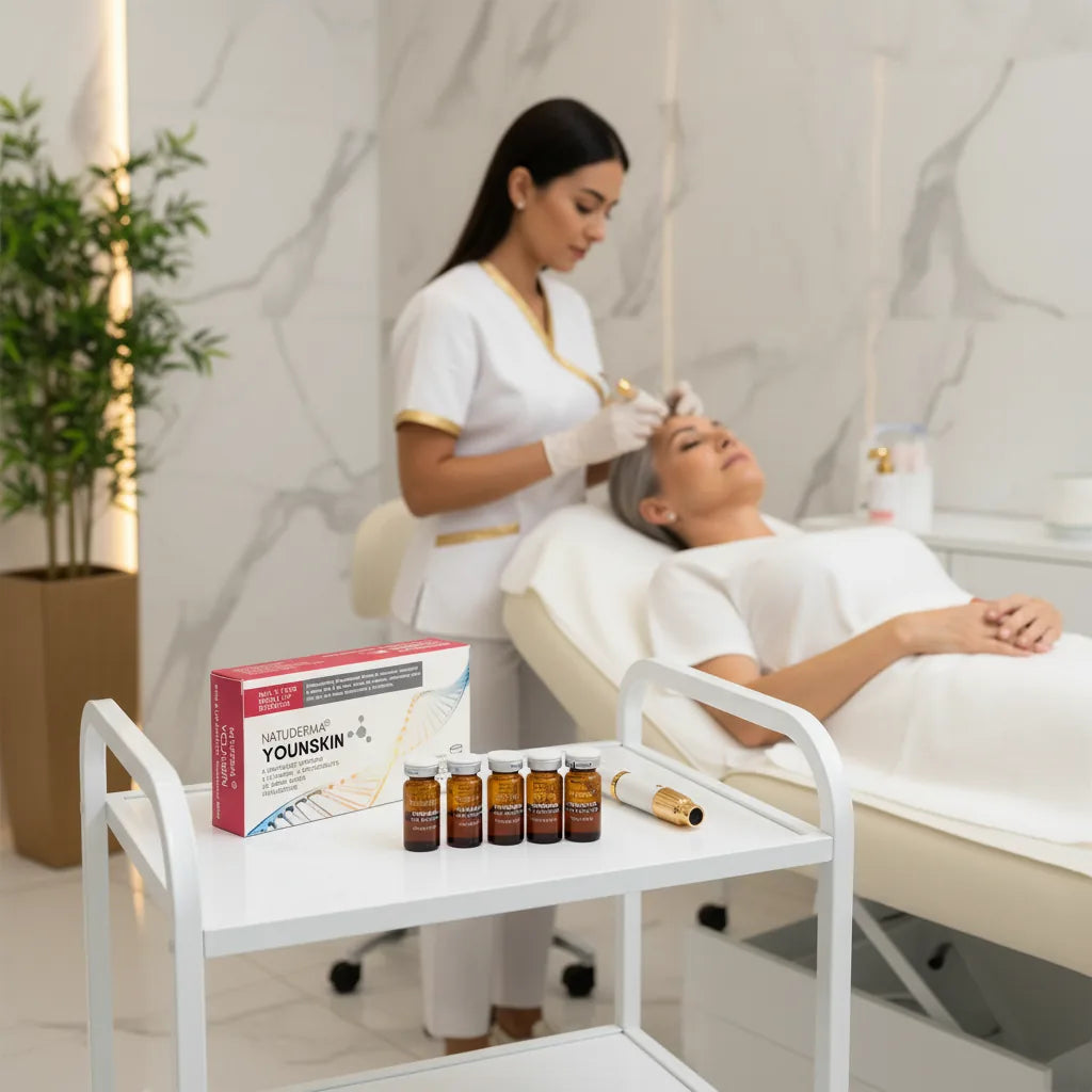 A microneedling treatment scene in a bright treatment room, with aesthetician and a client lying on a treatment bed. In the foreground, a white cart holds a red and white product box labeled Natuderma'YOUNSkin' and five vials .