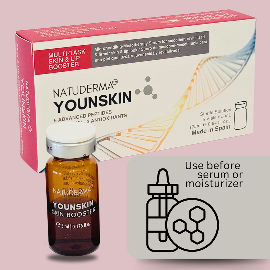Box and vial of peptides microneedling serum with vitamins and amino acids, Younskin by Natuderma, skin rejuvenation BTX